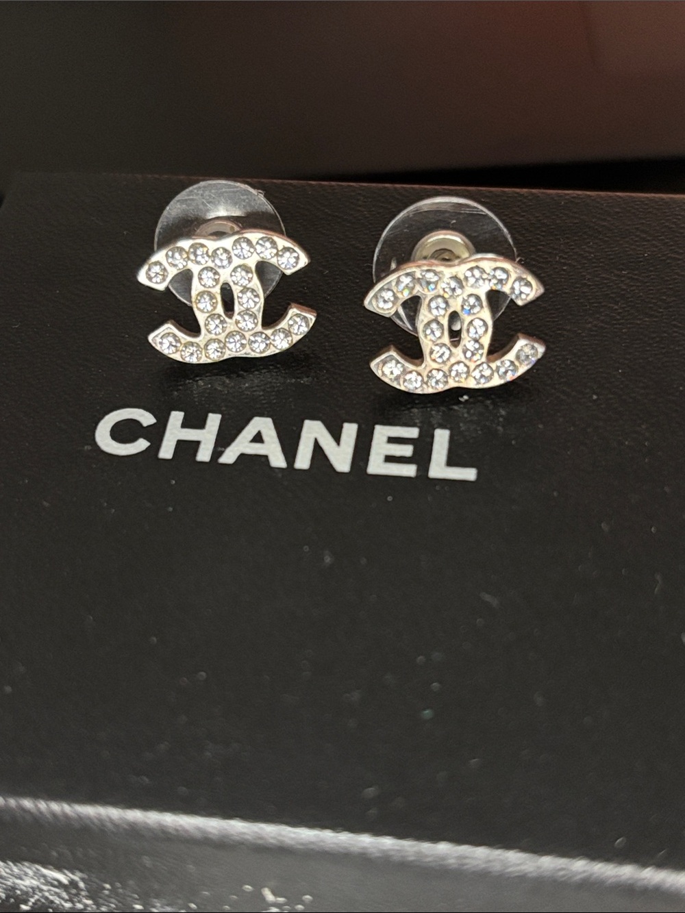 CHANEL Crystal CC Logo Stud Earrings - Clear / Silver - Picture 2 of 5